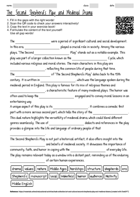 Worksheet with the topic "The Second Shepherd's Play and Medieval Drama ...