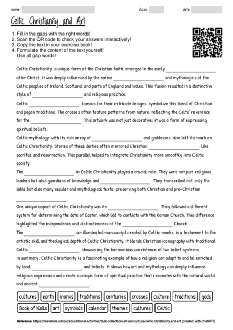 Worksheet with the topic "Celtic Christianity and Art" | MATERIALS.SCHOOL