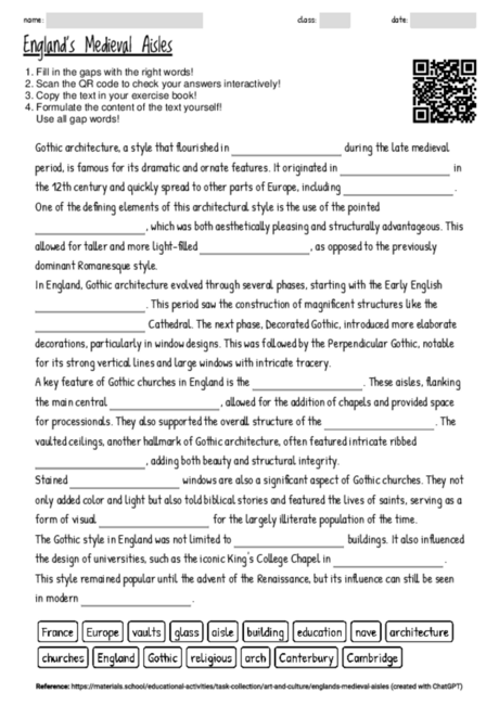 Worksheet with the topic "England's Medieval Aisles" | MATERIALS.SCHOOL
