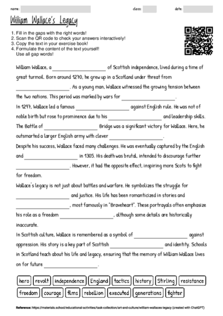 Worksheet with the topic "William Wallace's Legacy" | MATERIALS.SCHOOL