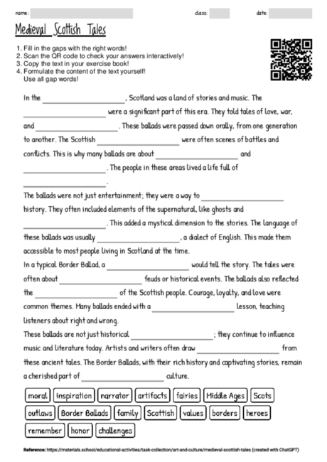 Worksheet with the topic "Medieval Scottish Tales" | MATERIALS.SCHOOL