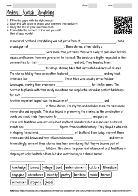 Worksheet with the topic "Medieval Scottish Storytelling" | MATERIALS ...