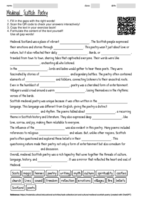 Worksheet with the topic "Medieval Scottish Poetry" | MATERIALS.SCHOOL