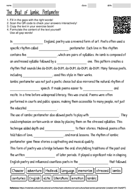Worksheet with the topic "The Beat of Iambic Pentameter" | MATERIALS.SCHOOL