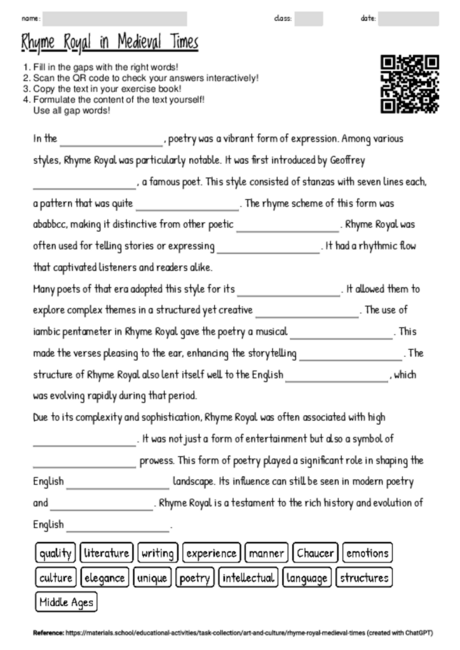 Worksheet with the topic "Rhyme Royal in Medieval Times" | MATERIALS.SCHOOL