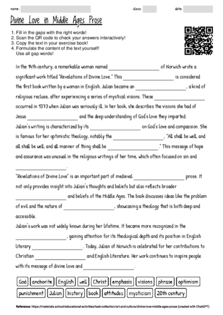 Worksheet with the topic "Divine Love in Middle Ages Prose" | MATERIALS ...