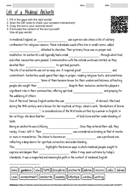 Worksheet with the topic "Life of a Medieval Anchorite" | MATERIALS.SCHOOL