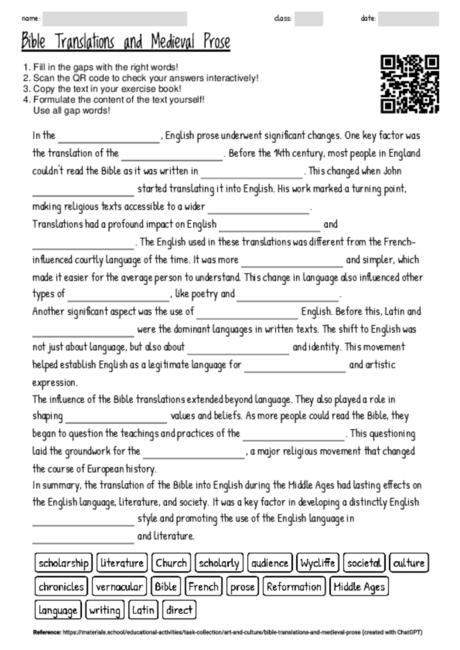 Worksheet with the topic "Bible Translations and Medieval Prose ...