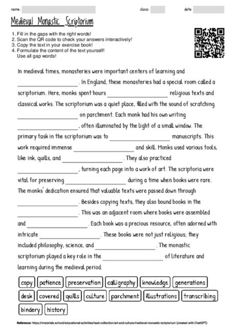 Worksheet with the topic "Medieval Monastic Scriptorium" | MATERIALS.SCHOOL