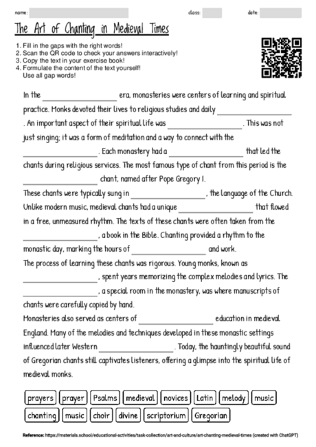 Worksheet with the topic "The Art of Chanting in Medieval Times ...