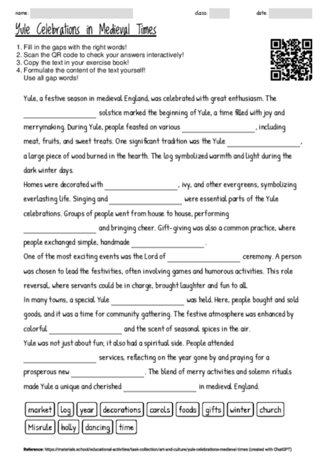Worksheet with the topic "Yule Celebrations in Medieval Times ...