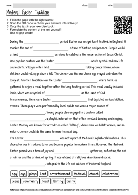 Worksheet with the topic "Medieval Easter Traditions" | MATERIALS.SCHOOL