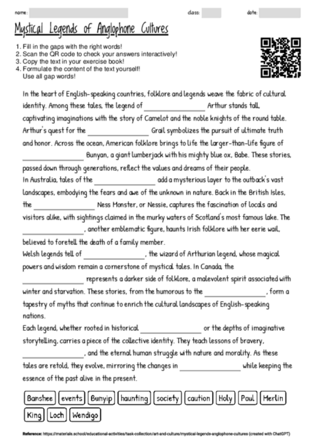 Worksheet with the topic "Mystical Legends of Anglophone Cultures ...
