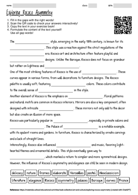 Worksheet with the topic "Exploring Rococo Asymmetry" | MATERIALS.SCHOOL