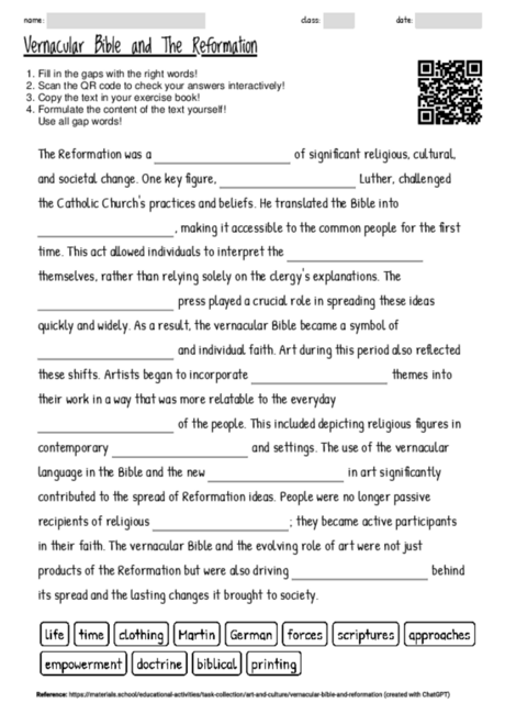 Worksheet with the topic "Vernacular Bible and The Reformation ...