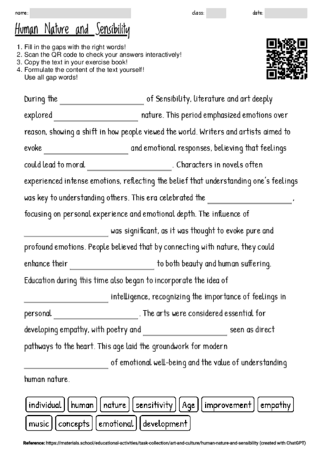 Worksheet with the topic "Human Nature and Sensibility" | MATERIALS.SCHOOL
