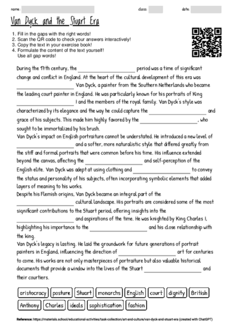 Worksheet with the topic "Van Dyck and the Stuart Era" | MATERIALS.SCHOOL