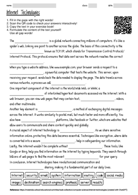 Worksheet with the topic "Internet Technologies" | MATERIALS.SCHOOL