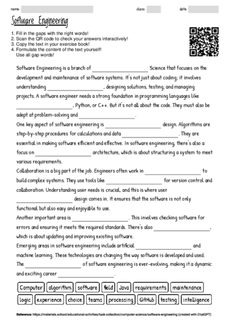 Worksheet with the topic "Software Engineering" | MATERIALS.SCHOOL