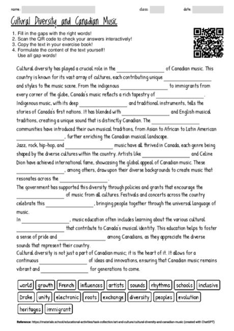Worksheet with the topic "Cultural Diversity and Canadian Music ...