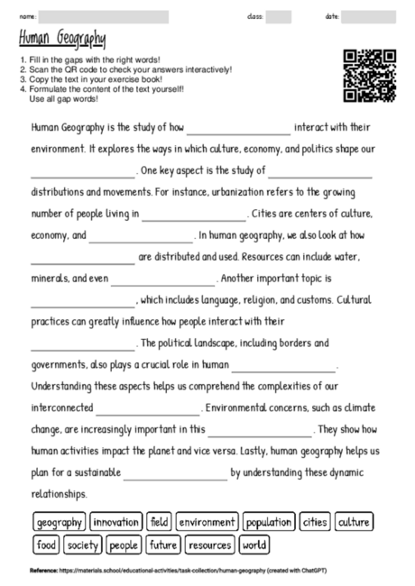 Worksheet with the topic "Human Geography" | MATERIALS.SCHOOL