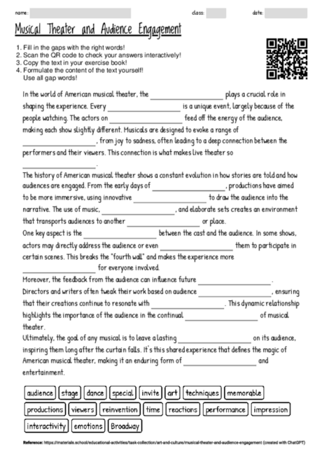 Worksheet with the topic "Musical Theater and Audience Engagement ...