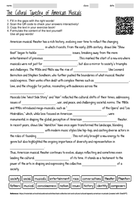 Worksheet with the topic "The Cultural Tapestry of American Musicals ...
