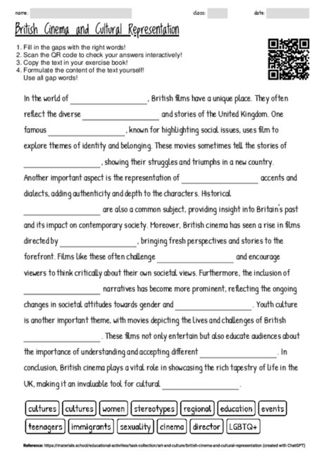Worksheet with the topic "British Cinema and Cultural Representation ...