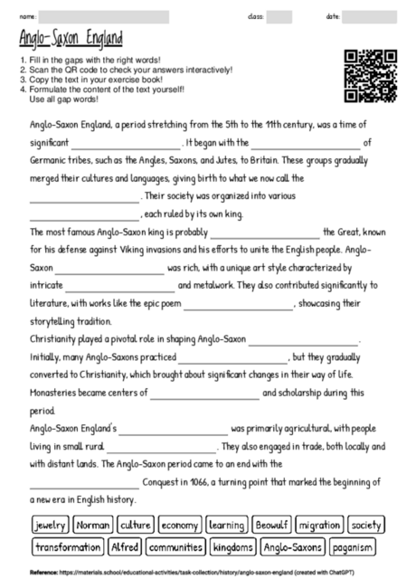 Worksheet with the topic "Anglo-Saxon England" | MATERIALS.SCHOOL