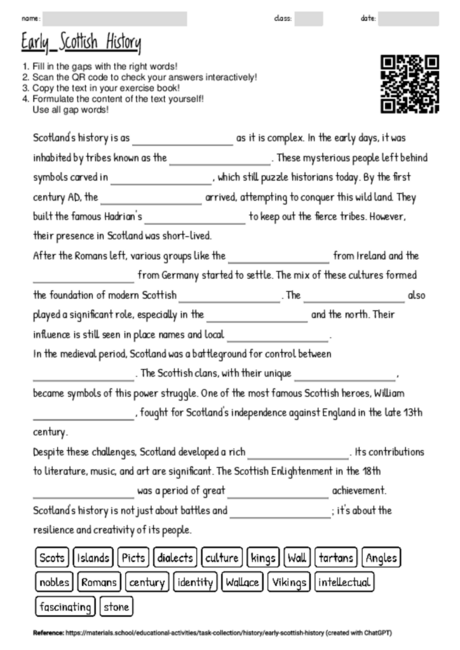 Worksheet with the topic "Early Scottish History" | MATERIALS.SCHOOL