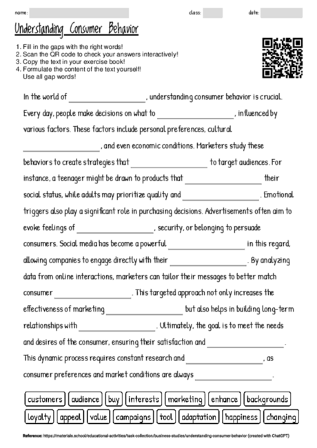 Worksheet with the topic "Understanding Consumer Behavior" | MATERIALS ...