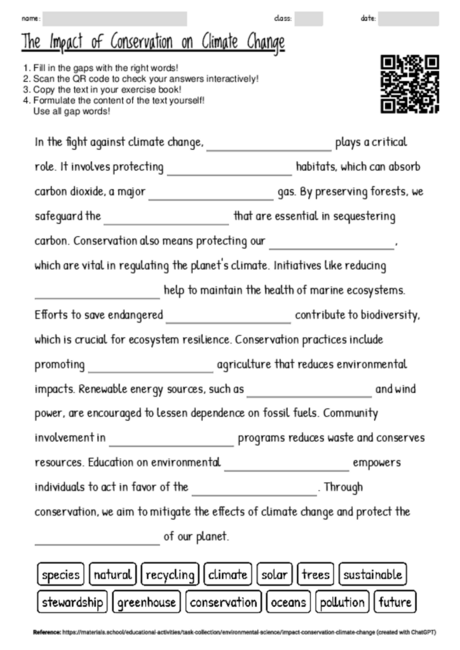 Worksheet with the topic "The Impact of Conservation on Climate Change ...
