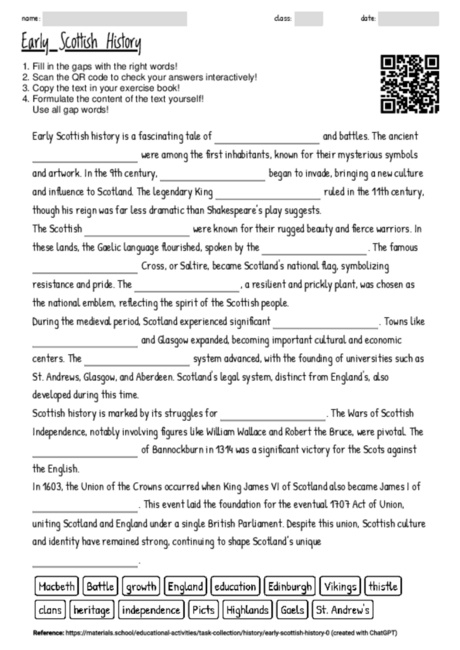 Worksheet with the topic "Early Scottish History" | MATERIALS.SCHOOL
