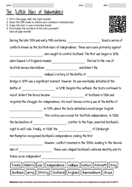 Worksheet with the topic "The Scottish Wars of Independence ...