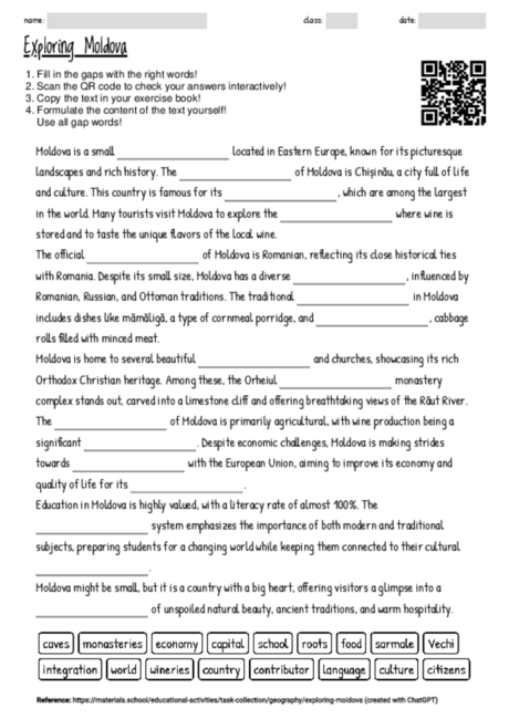 Worksheet with the topic "Exploring Moldova" | MATERIALS.SCHOOL