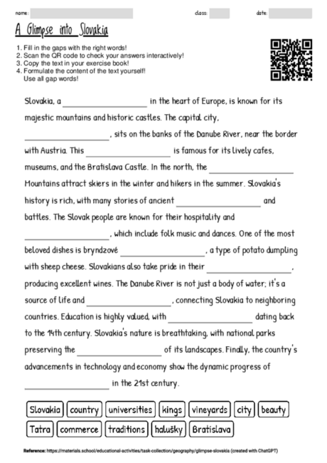 Worksheet with the topic "A Glimpse into Slovakia" | MATERIALS.SCHOOL