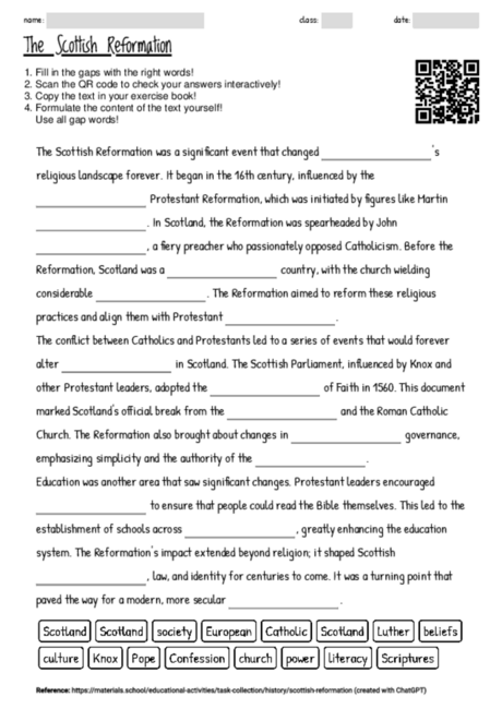 Worksheet with the topic "The Scottish Reformation" | MATERIALS.SCHOOL