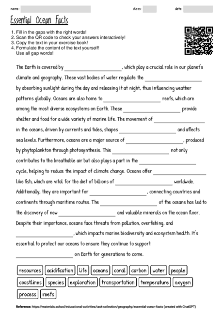 Worksheet with the topic "Essential Ocean Facts" | MATERIALS.SCHOOL