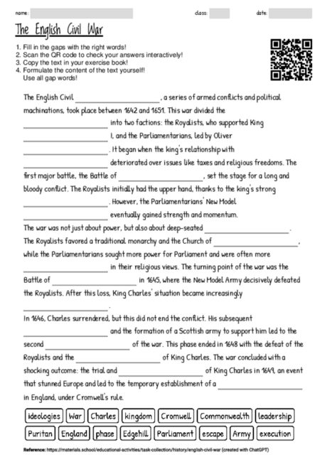 Worksheet with the topic "The English Civil War" | MATERIALS.SCHOOL