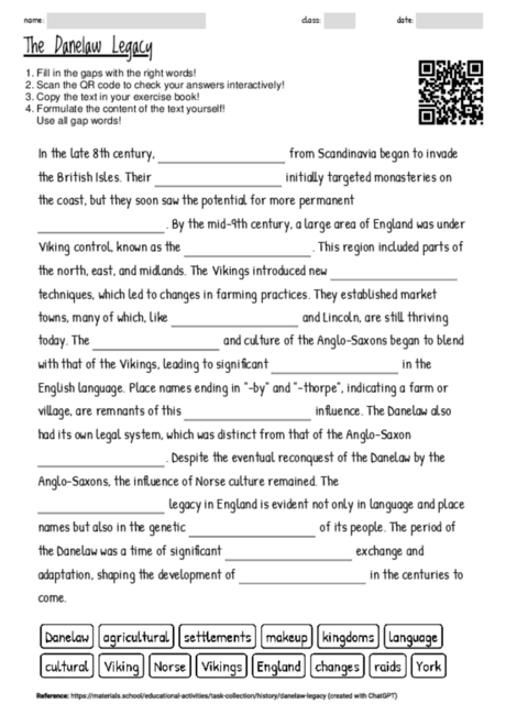 Worksheet with the topic "The Danelaw Legacy" | MATERIALS.SCHOOL