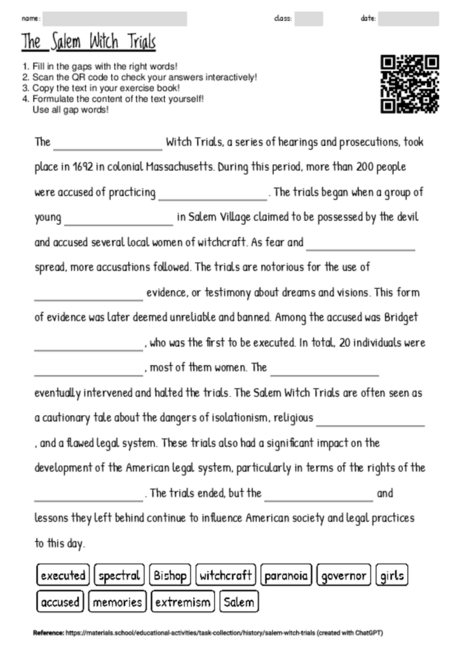 Worksheet with the topic "The Salem Witch Trials" | MATERIALS.SCHOOL