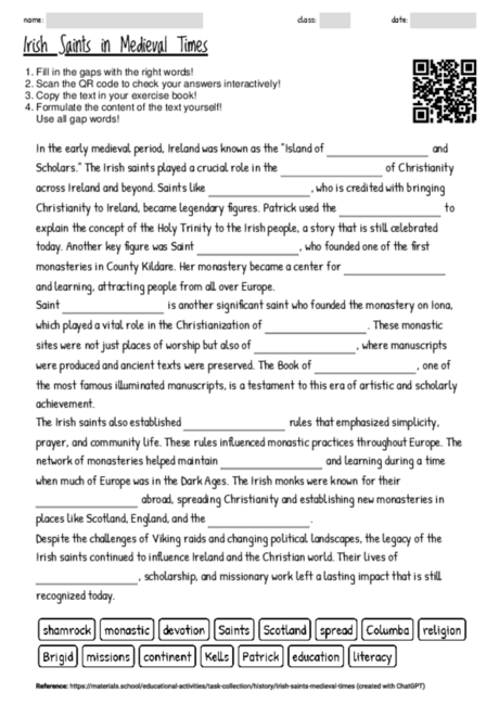 Worksheet with the topic "Irish Saints in Medieval Times" | MATERIALS ...