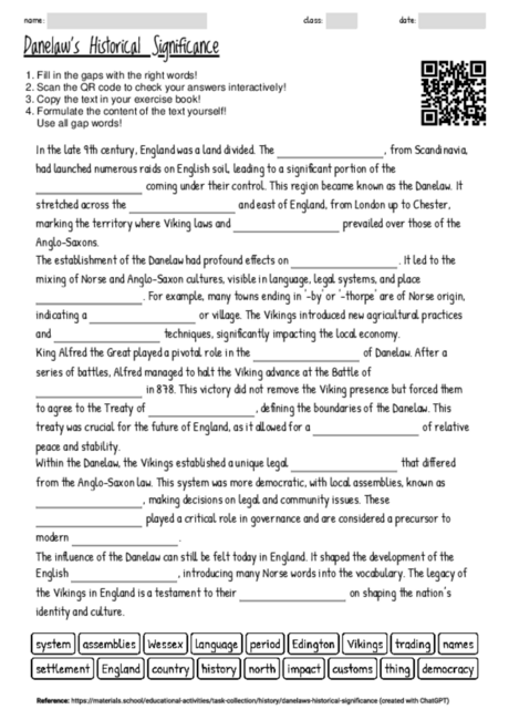 Worksheet with the topic "Danelaw's Historical Significance ...