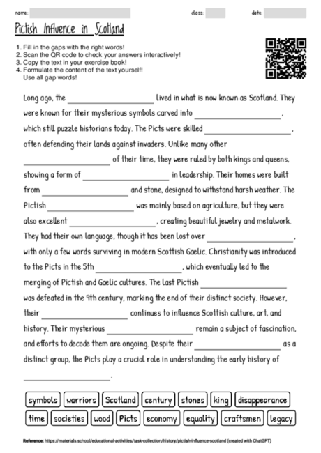 Worksheet with the topic "Pictish Influence in Scotland" | MATERIALS.SCHOOL