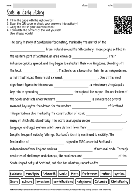 Worksheet with the topic "Scots in Early History" | MATERIALS.SCHOOL