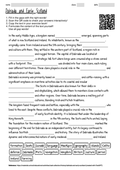 Worksheet with the topic "Dalriada and Early Scotland" | MATERIALS.SCHOOL