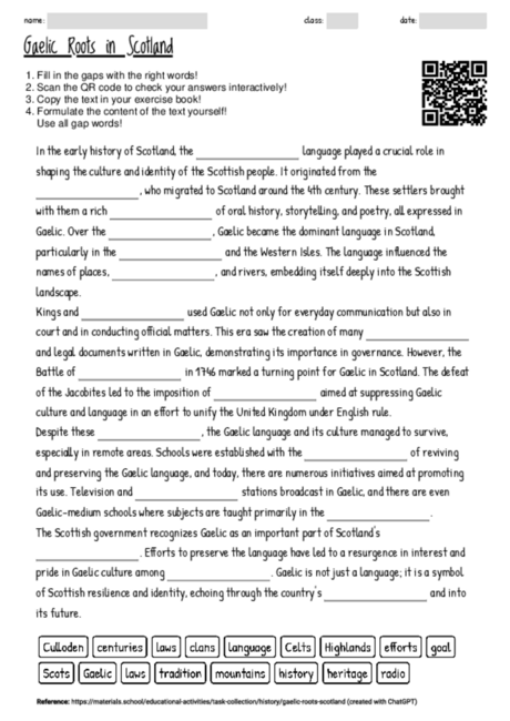 Worksheet with the topic "Gaelic Roots in Scotland" | MATERIALS.SCHOOL