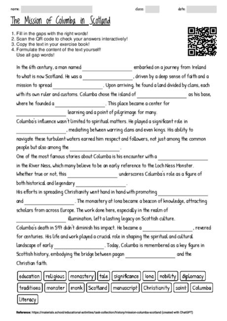 Worksheet with the topic "The Mission of Columba in Scotland ...