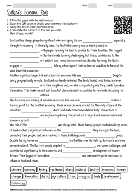 Worksheet with the topic "Scotland's Economic Roots" | MATERIALS.SCHOOL