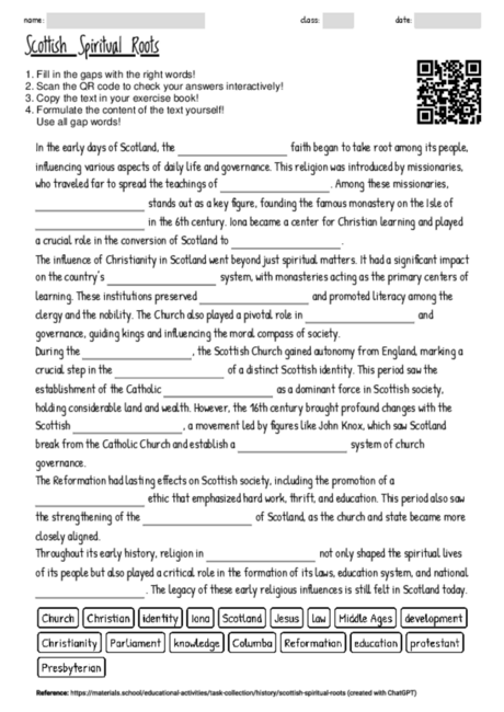 Worksheet with the topic "Scottish Spiritual Roots" | MATERIALS.SCHOOL
